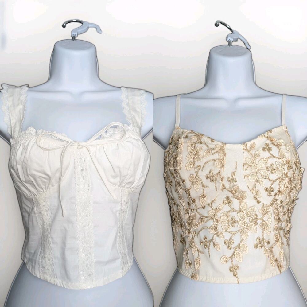 Set Of 2 Floral White Gold Corset Tops M Crop Bustier Cottagecore Romantic Lace